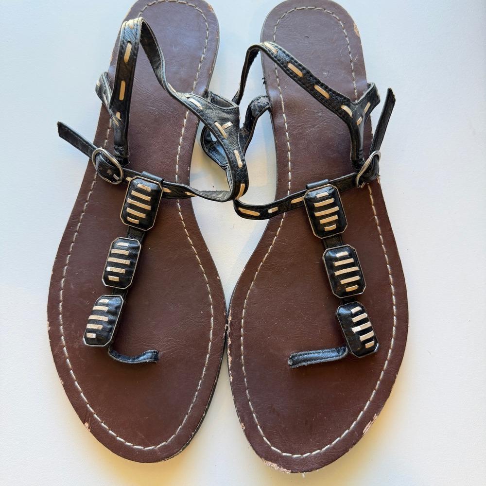 DV by Dolce Vita Womens Black Brown T-Strap Beaded Flat Sandals Size 9